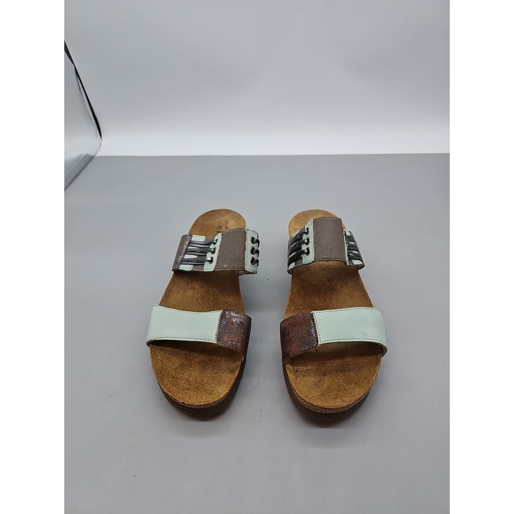 NAOT Lena Two Strap Leather Sandals Slides Celadon Mirror Combination Sz 8